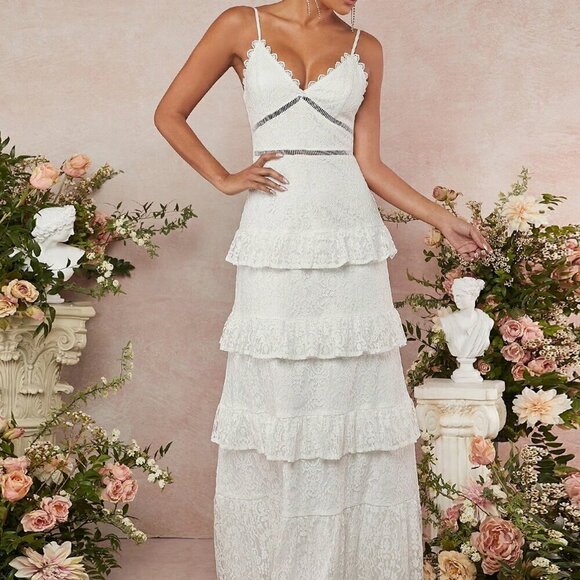 White Elegant Women's Tiered Ruffle Lace Cami Dress - Picture 3 of 5